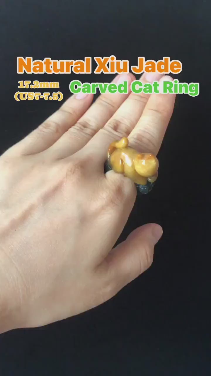 Natural Xiu Jade (Serpentine) Hand Craved Kitten Cat Flowers Stone Crystal Ring | Bi-colour Orange and Icy Green | 17.2mm (US 7-7.5)