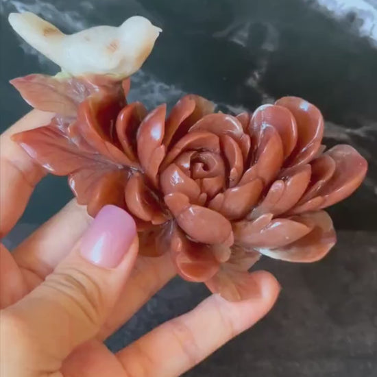 Xiu Jade Red Jade Serpentine Hand Carved Bird & Red Peony Hair Clip