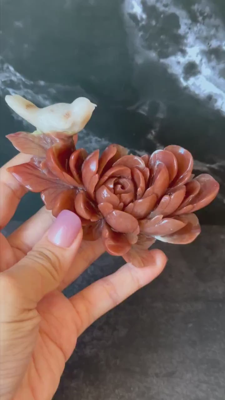 Xiu Jade Red Jade Serpentine Hand Carved Bird & Red Peony Hair Clip