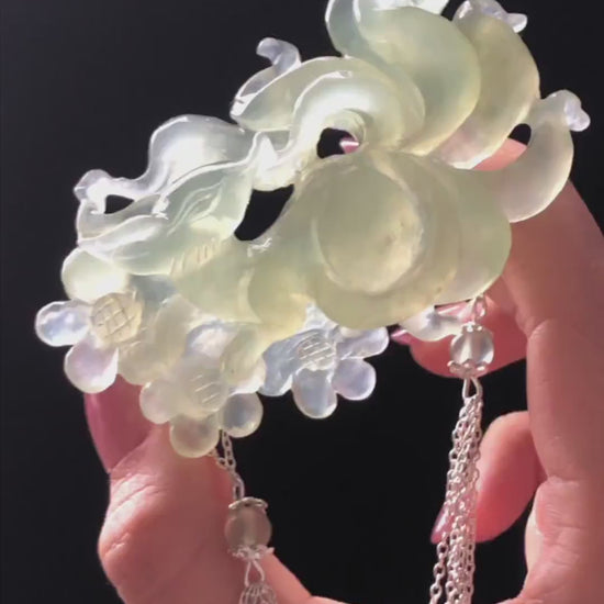 Xiu Jade Nine-tailed Fox & Flowers Hand Carved Hair Crown with dangle: Natural Serpentine Ice Green Jade Hanfu Hair Stick 3D stone carving