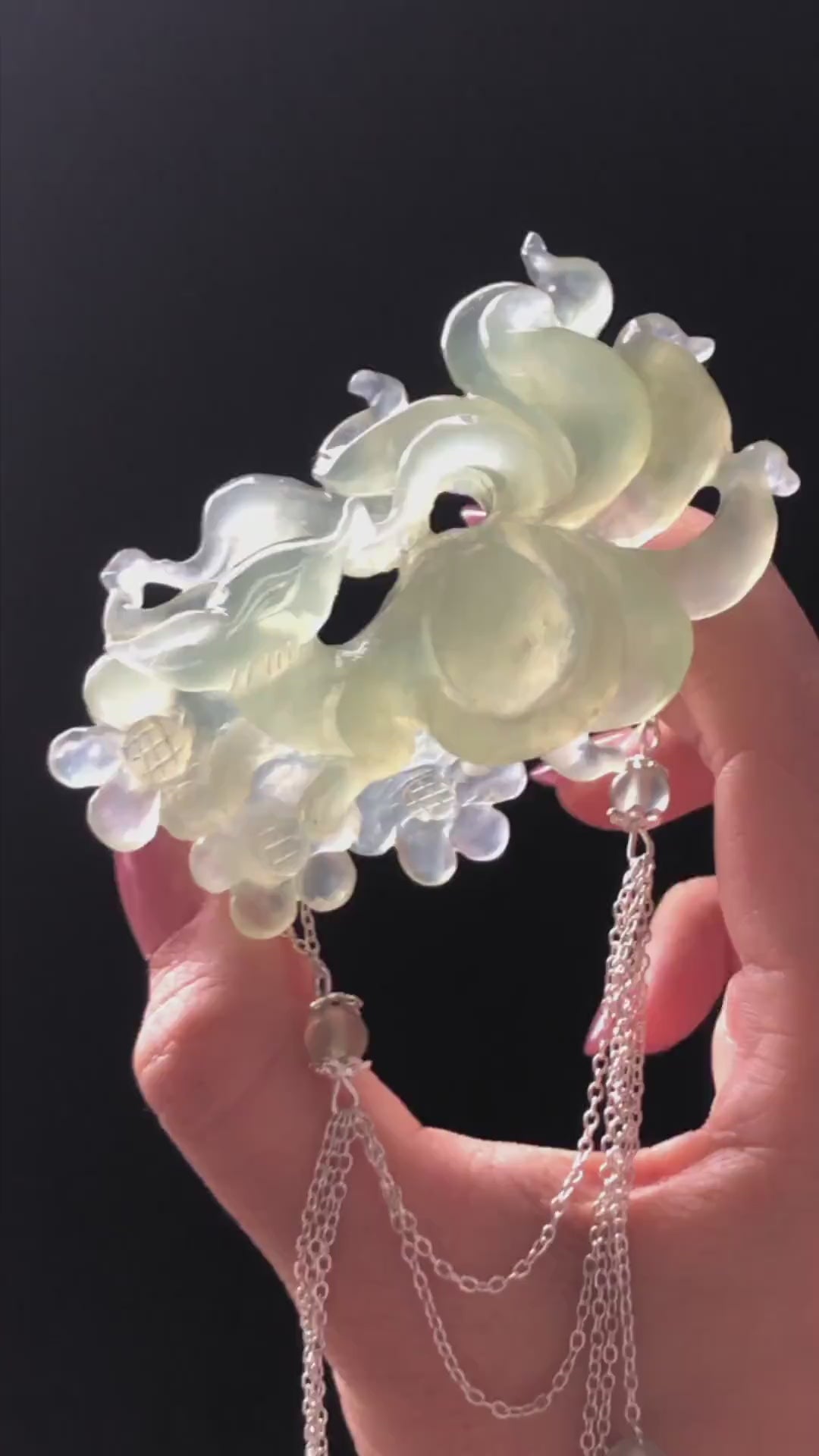 Xiu Jade Nine-tailed Fox & Flowers Hand Carved Hair Crown with dangle: Natural Serpentine Ice Green Jade Hanfu Hair Stick 3D stone carving