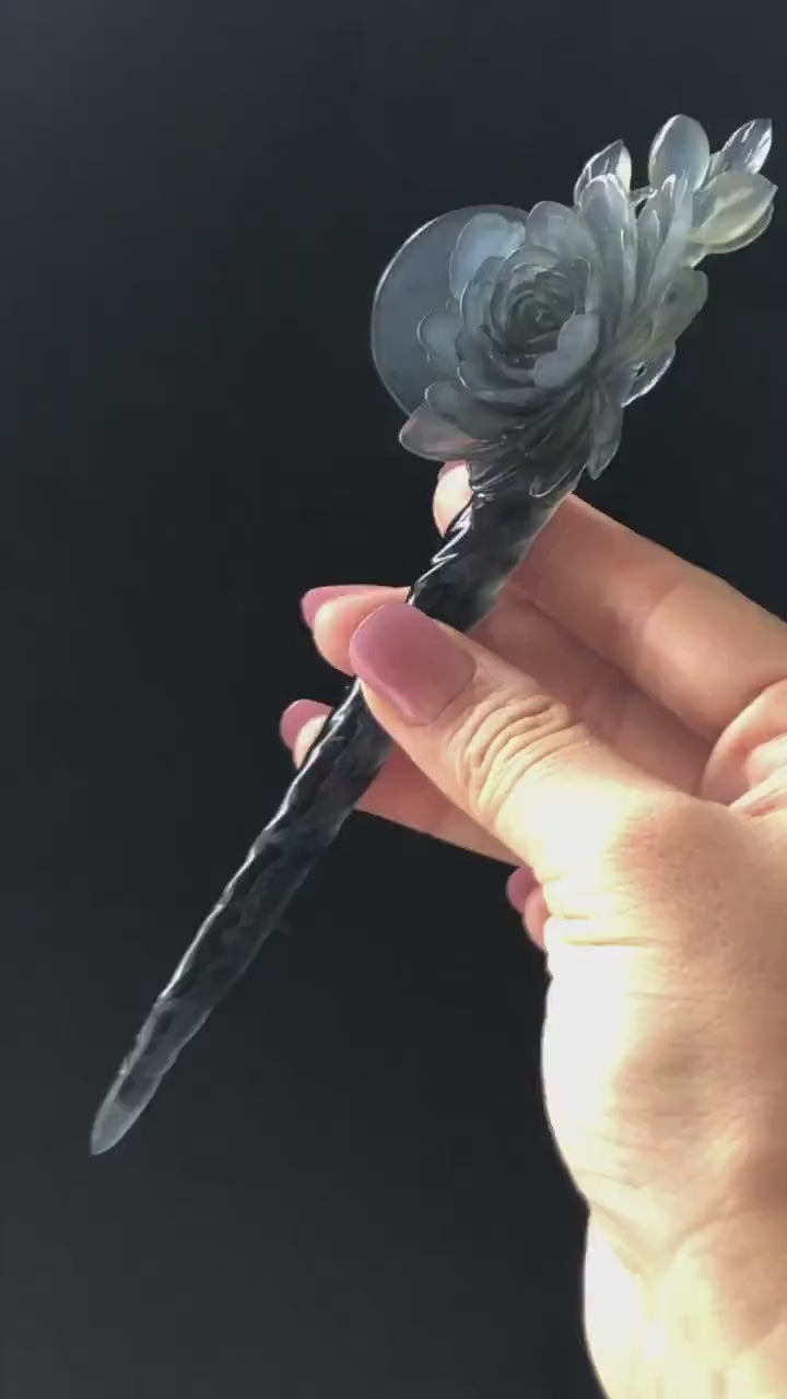 Certified Natural Xiu Jade Serpentine Hand Carved Peony Flower & Full Moon Hair Pin | Ice Black Jade Hair Stick