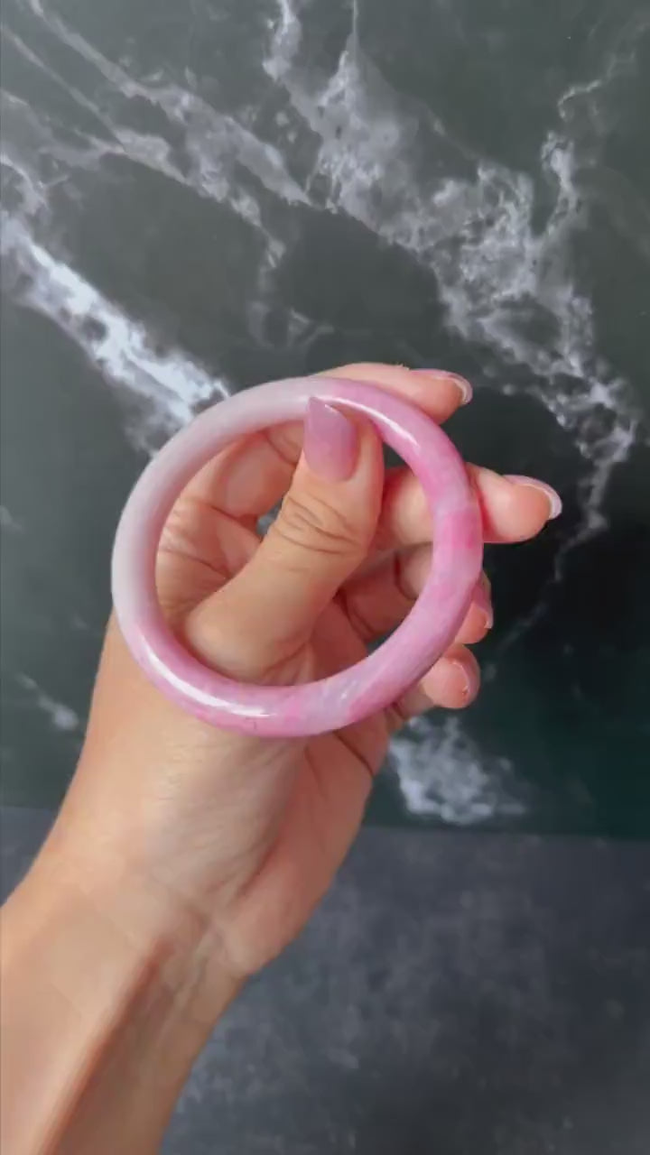 55.8mm Premium Natural Rhodonite Stone Bangle: Sweet Strawberry Cotton Candy Pink Crystal Bracelet, Healing Stone for Heart Chakra