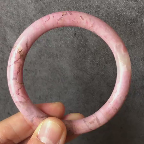 54.3mm Premium Natural Rhodonite Stone Bangle Bracelet | Flowers in the Spring | Icy Sakura Pink | Cherry Blossom | Crystal Gemstone Bangle