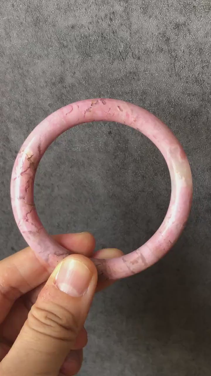 54.3mm Premium Natural Rhodonite Stone Bangle Bracelet | Flowers in the Spring | Icy Sakura Pink | Cherry Blossom | Crystal Gemstone Bangle