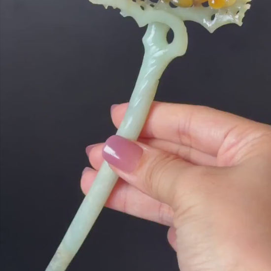 Xiu Jade Plum Blossom Flower Hand Carved Hair Pin: Certified Natural Serpentine Multicolor Brown Green Jade Handcrafted Asian Hair Stick