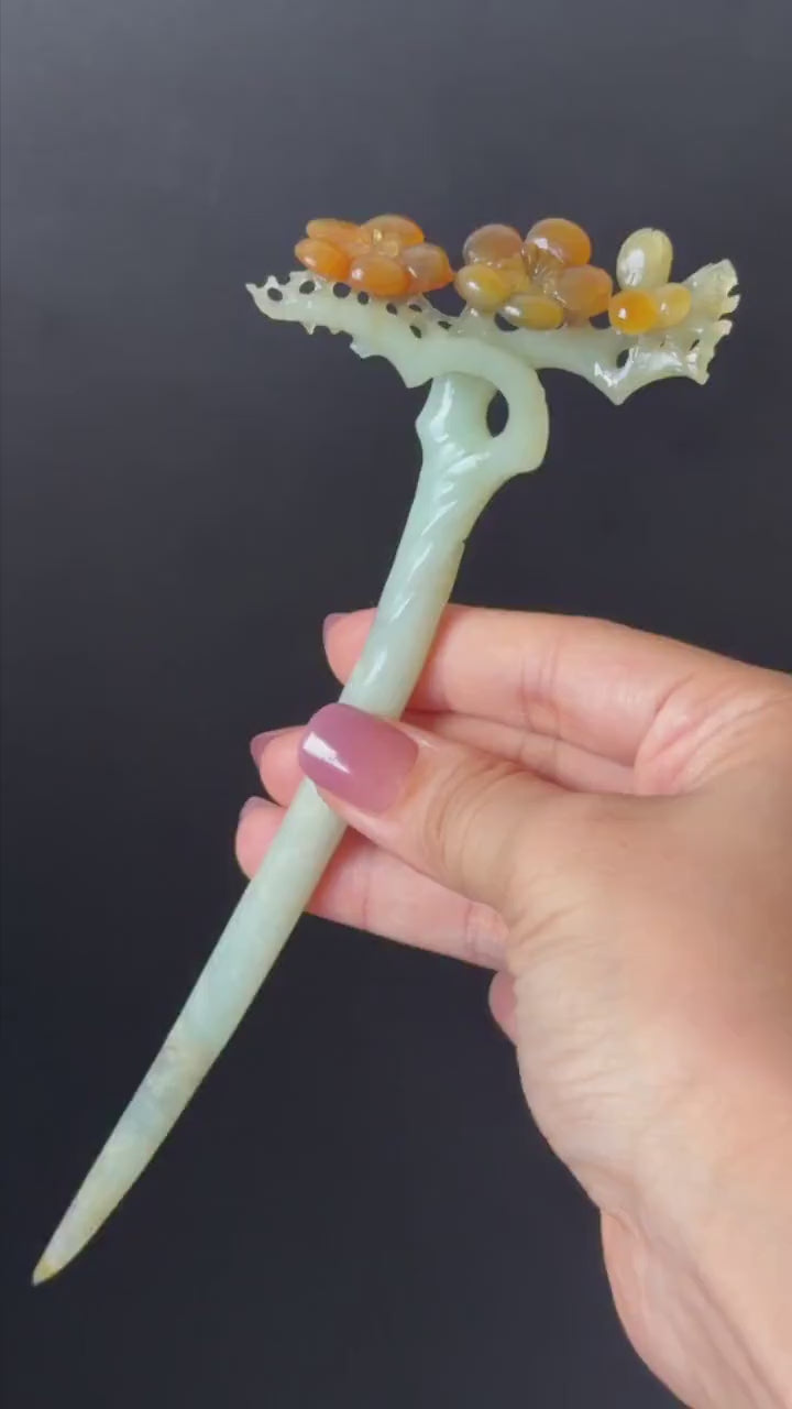 Xiu Jade Plum Blossom Flower Hand Carved Hair Pin: Certified Natural Serpentine Multicolor Brown Green Jade Handcrafted Asian Hair Stick