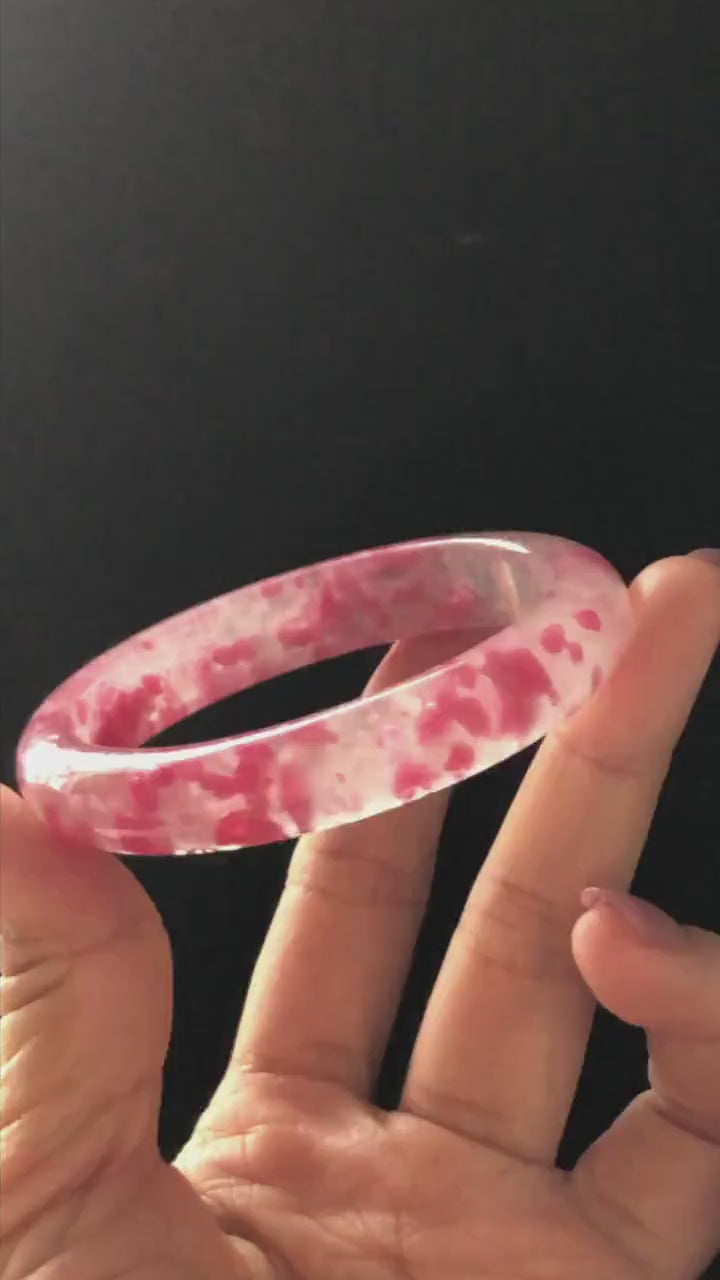 57.2mm Premium Ultra-rare Icy Rhodonite Crystal Bangle: Natural Blossom Flowers Sakura Rain Plum Cherry Blossom Healing Stone Heart Chakra