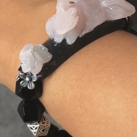 Customise Xiu Jade Serpentine Hand Carved Nine-Tailed Fox Charm with Black Agate Bead Bracelet | Handcrafted Black Pink Jade