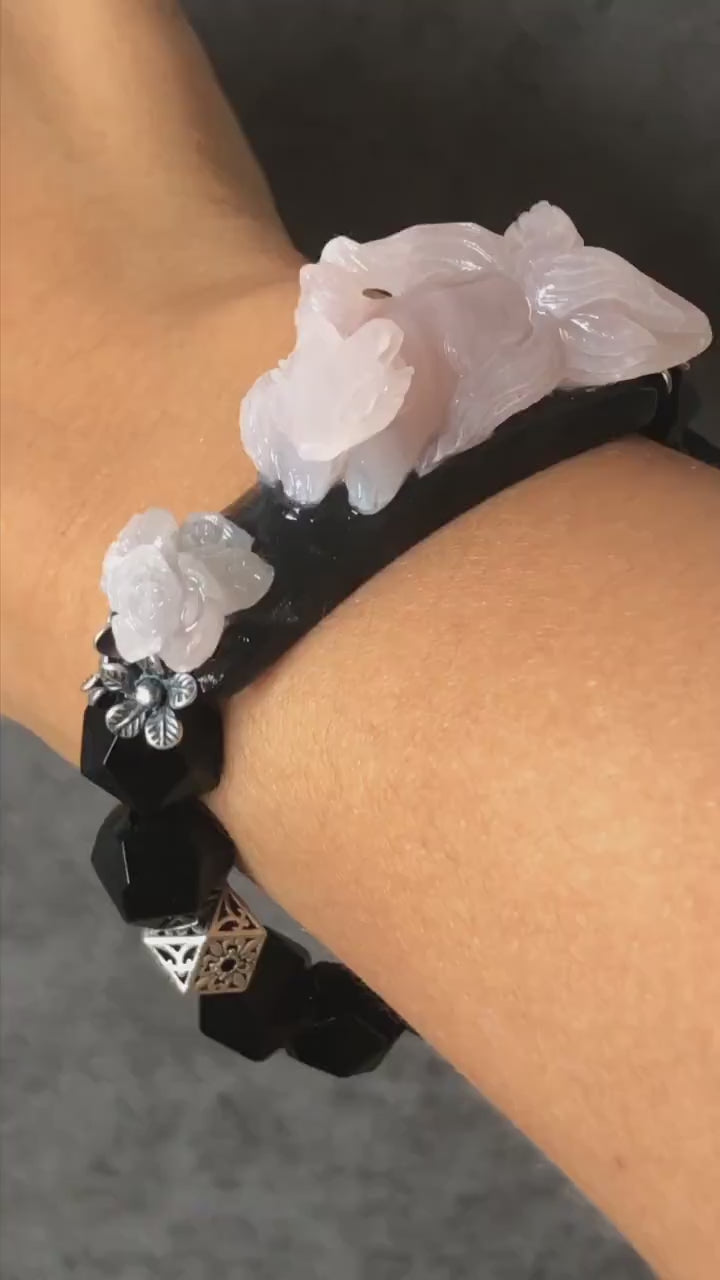 Customise Xiu Jade Serpentine Hand Carved Nine-Tailed Fox Charm with Black Agate Bead Bracelet | Handcrafted Black Pink Jade