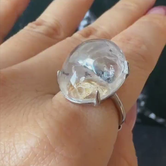 Rare Polished Enhydro Quartz (Herkimer Diamond) S925 Silver Adjustable Ring: Rainbow Moving Black Tourmaline & Yellow Clay Inclusion Crystal
