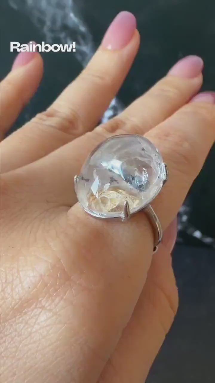 Rare Polished Enhydro Quartz (Herkimer Diamond) S925 Silver Adjustable Ring: Rainbow Moving Black Tourmaline & Yellow Clay Inclusion Crystal