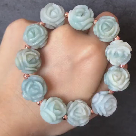 Natural SheTaicui jade (Quartzite) Carved Blue Rose icy crystal charms Bracelet | Blue Sky and White Cloud | Cute & Sweet | Custom made