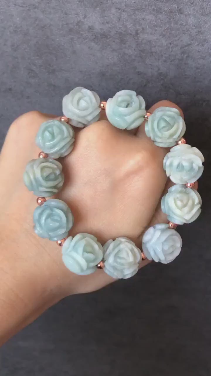 Natural SheTaicui jade (Quartzite) Carved Blue Rose icy crystal charms Bracelet | Blue Sky and White Cloud | Cute & Sweet | Custom made