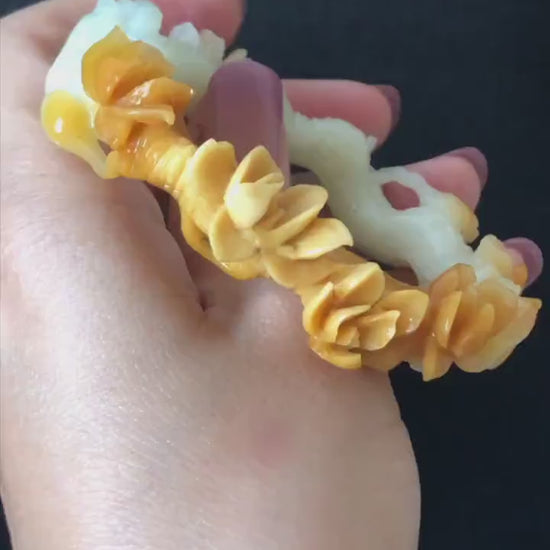 54.2mm Xiu Jade Serpentine Hand Carved Peach Blossom Flowers Bangle: Natural Yellow White Jade Handcrafted Bracelet with certificate