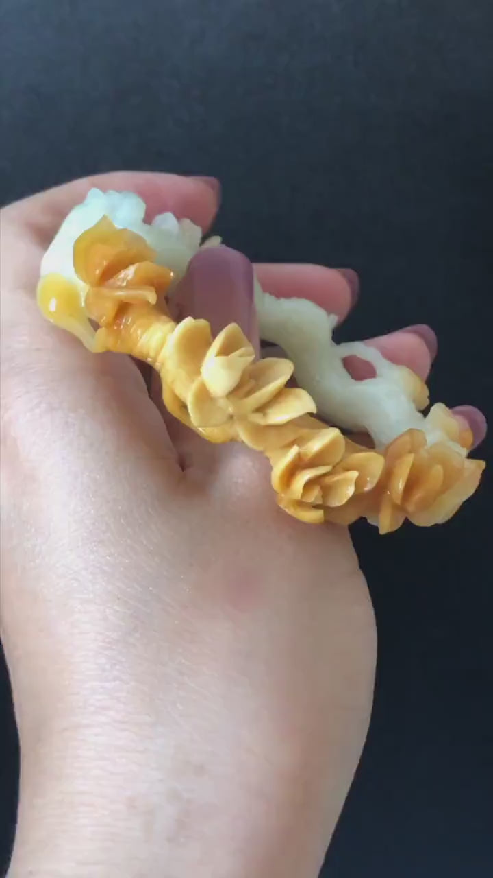 54.2mm Xiu Jade Serpentine Hand Carved Peach Blossom Flowers Bangle: Natural Yellow White Jade Handcrafted Bracelet with certificate