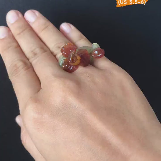 Natural Xiu Jade Serpentine Hand Craved Iris Flower and buds Blooming Ring | 16.1mm (US 5.5-6) | Caramel Brown & Green | Crystal Gemstone