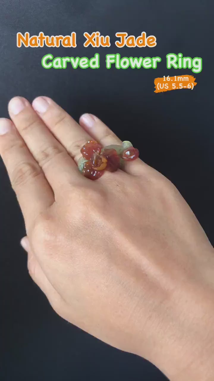 Natural Xiu Jade Serpentine Hand Craved Iris Flower and buds Blooming Ring | 16.1mm (US 5.5-6) | Caramel Brown & Green | Crystal Gemstone