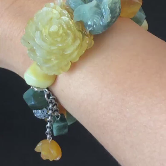 Xiu Jade Serpentine Phoenix Peony Flower Hand Carved Charm Irregular Bead Bracelet | Certified Multi-colored Jade | Vintage Tibetan Silver
