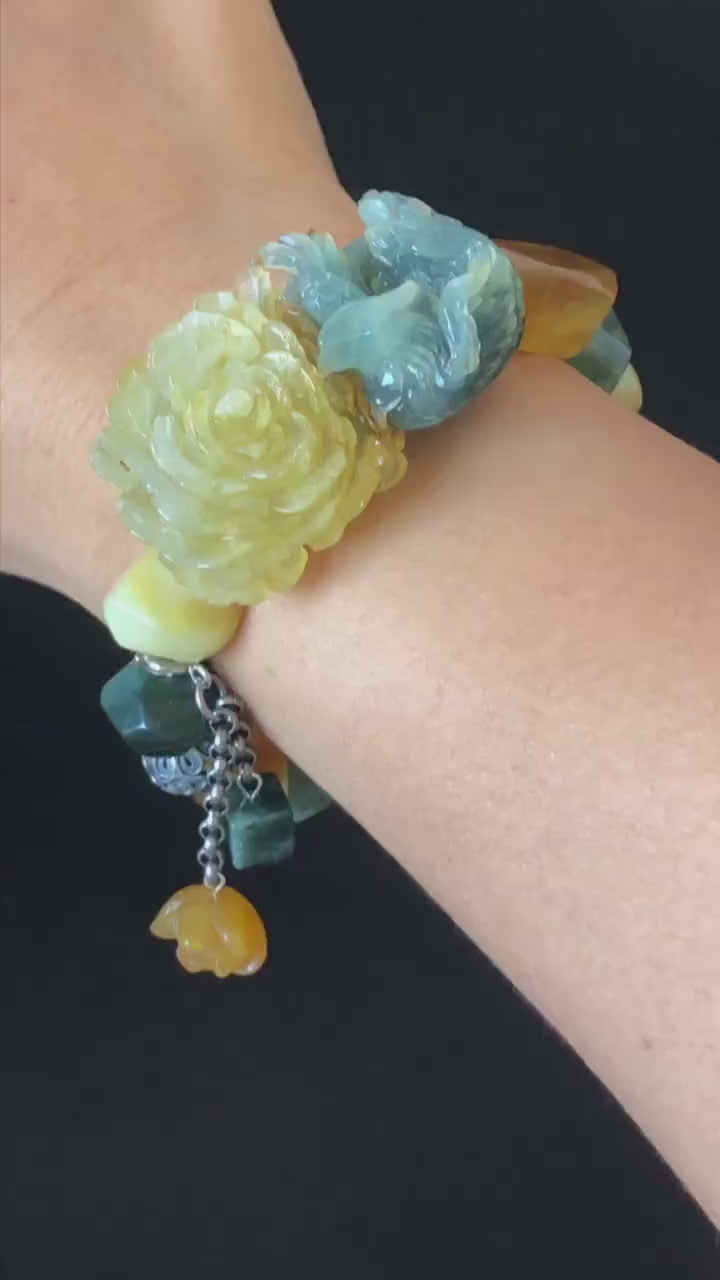 Xiu Jade Serpentine Phoenix Peony Flower Hand Carved Charm Irregular Bead Bracelet | Certified Multi-colored Jade | Vintage Tibetan Silver