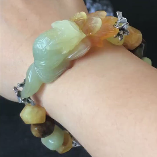 Xiu Jade Serpentine Hand Carved Nine-tailed Fox & Flower with Irregular Bead Bracelet: Orange Brown White Jade and Vintage Tibetan Silver