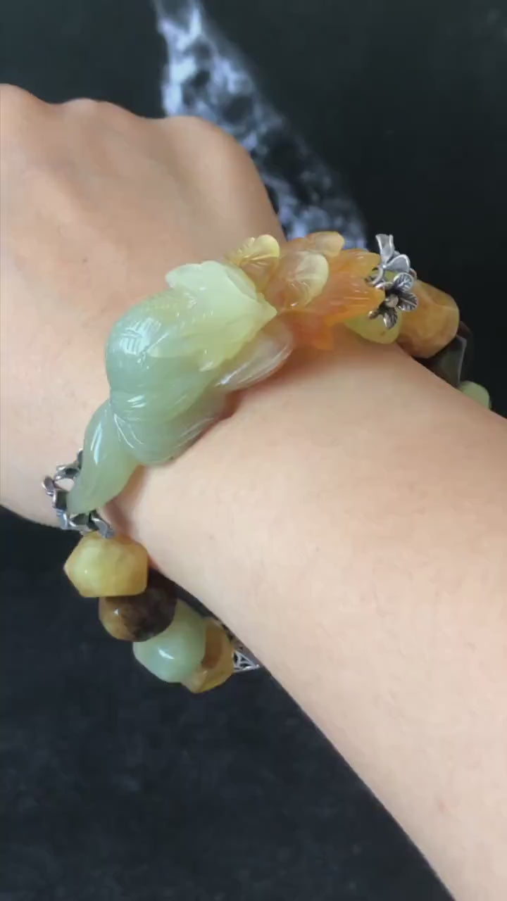 Xiu Jade Serpentine Hand Carved Nine-tailed Fox & Flower with Irregular Bead Bracelet: Orange Brown White Jade and Vintage Tibetan Silver