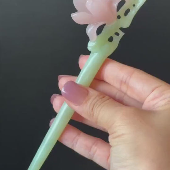 Xiu Jade Serpentine Hand Carved Pink Lotus Flower Hair Pin: Natural Pink & Green Jade Handcrafted Hair Stick 3D stone carving Hair Jewelry