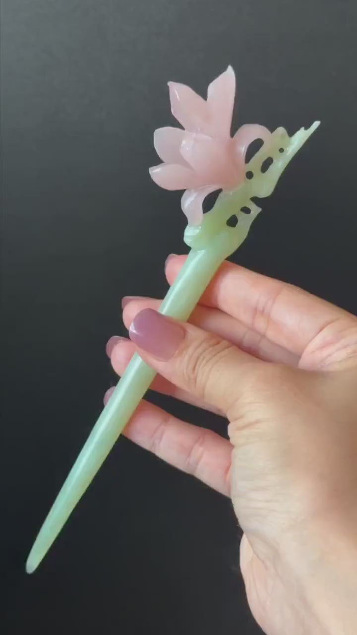 Xiu Jade Serpentine Hand Carved Pink Lotus Flower Hair Pin: Natural Pink & Green Jade Handcrafted Hair Stick 3D stone carving Hair Jewelry