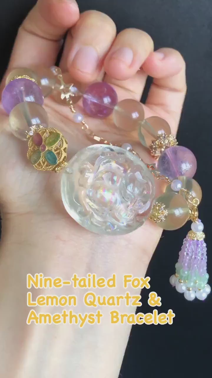 Rare Find Rainbow Clear Quartz Carved Nine-tailed Fox Pendant Charm with Lemon Quartz and Amethyst Crystal Bead Bracelet | Removable Tassel