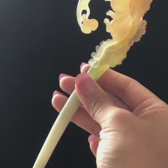 Xiu Jade Serpentine Hand Carved Cat on Moon Hair Pin with Dangle | Natural Certified Peach Coral Jade