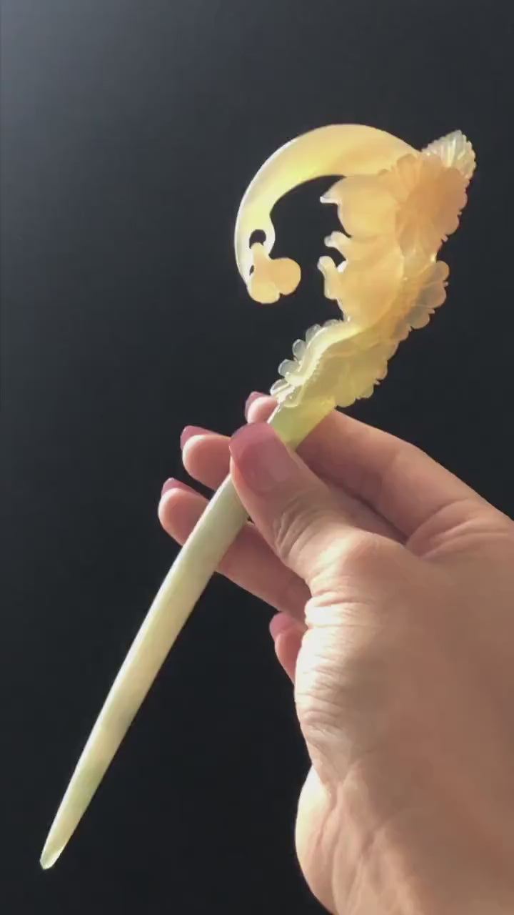 Xiu Jade Serpentine Hand Carved Cat on Moon Hair Pin with Dangle | Natural Certified Peach Coral Jade