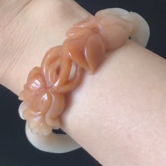 56.4mm Custom Size Natural Quartzite (SheTaiCui jade) Hand Carved Flowers Bangle |  Milky Coral Sands | Hollow Out | Crystal Gemstone Stone