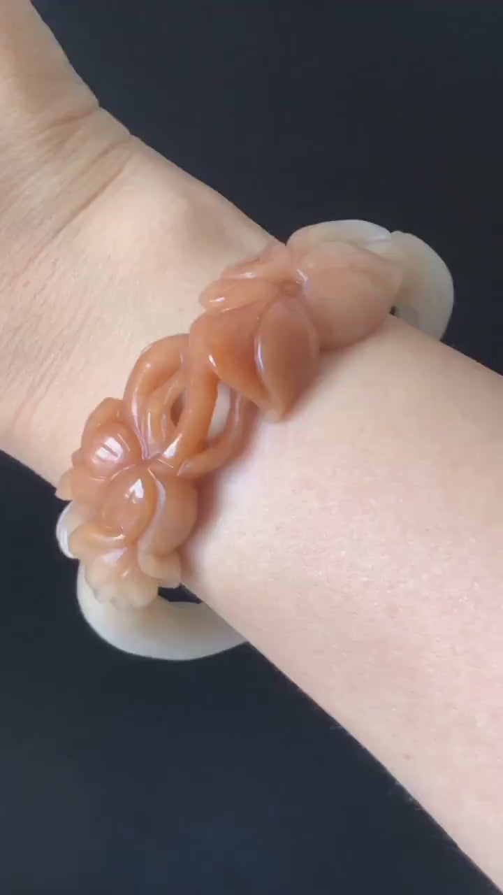 56.4mm Custom Size Natural Quartzite (SheTaiCui jade) Hand Carved Flowers Bangle |  Milky Coral Sands | Hollow Out | Crystal Gemstone Stone