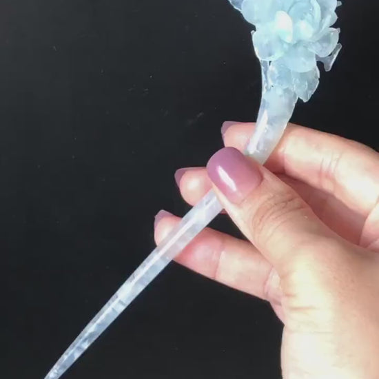 Certified Xiu Jade Serpentine Hand Carved Butterfly & Flower Sky Blue Jade Hair Pin