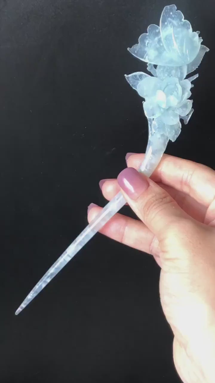 Certified Xiu Jade Serpentine Hand Carved Butterfly & Flower Sky Blue Jade Hair Pin