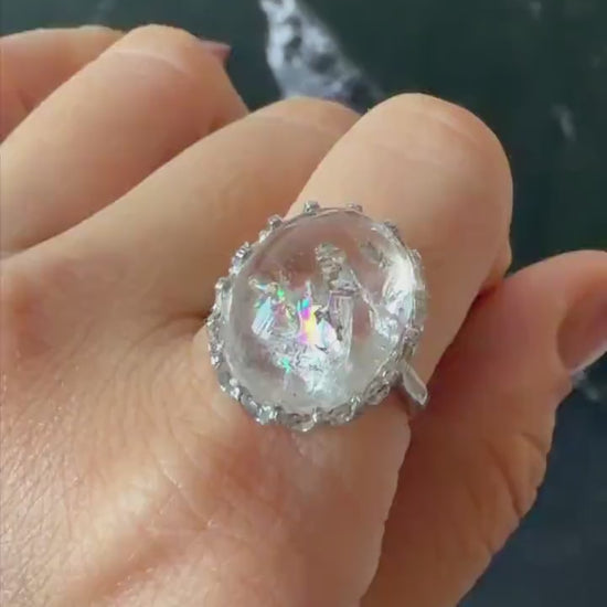 Polished Enhydro Quartz (Herkimer Diamond) s925 Silver Adjustable Ring: Big Rainbow! Flowing Black Sand Inclusion Crystal Statement Ring