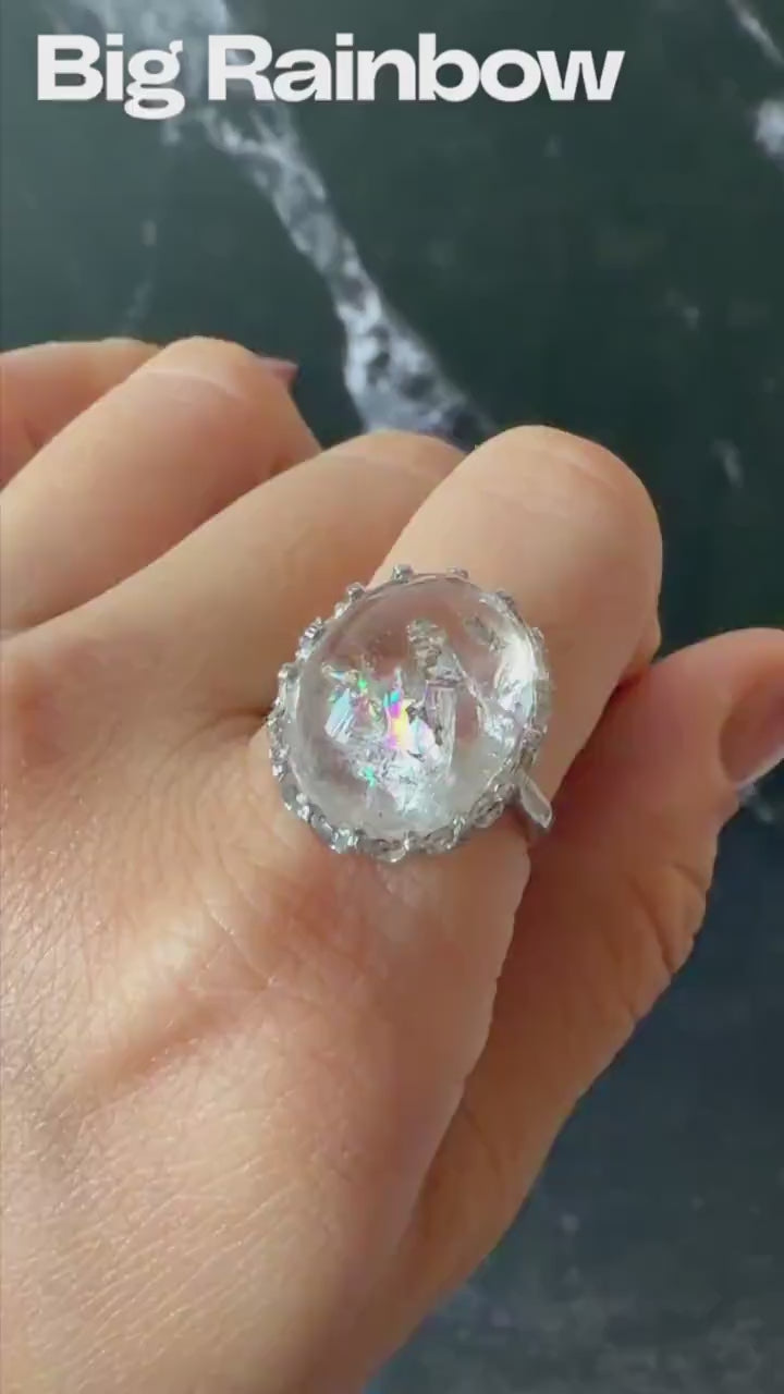 Polished Enhydro Quartz (Herkimer Diamond) s925 Silver Adjustable Ring: Big Rainbow! Flowing Black Sand Inclusion Crystal Statement Ring