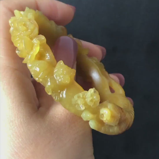 Custom Size 50-65mm! Xiu Jade Tiger & Rose Hand Carved Bangle: Certified Natural Serpentine Yellow Jade handcrafted Bracelet stone carving