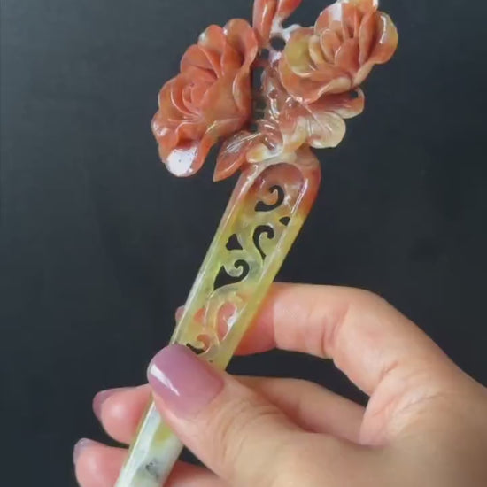Xiu Jade Serpentine Hand Carved Camellia Flower Hair Stick: Natural Multicolor White Yellow Red Jade Hairpin, Vintage Hanfu Hair Jewelry
