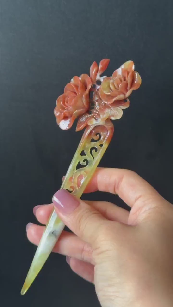 Xiu Jade Serpentine Hand Carved Camellia Flower Hair Stick: Natural Multicolor White Yellow Red Jade Hairpin, Vintage Hanfu Hair Jewelry