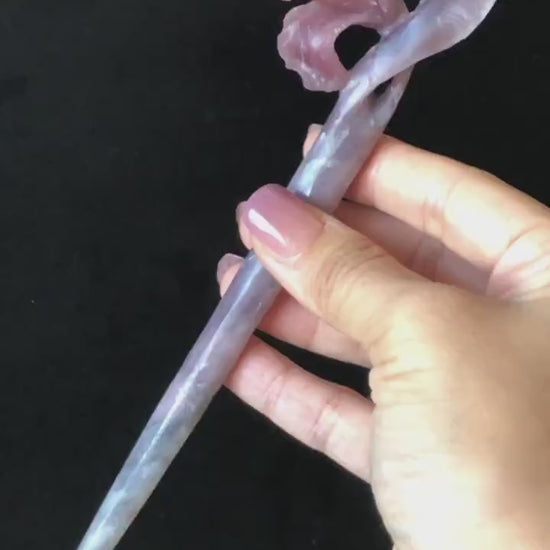 Xiu Jade Serpentine Hand Carved Iris Flower Hair Pin: Natural Black Purple Pink Jade Hair Stick
