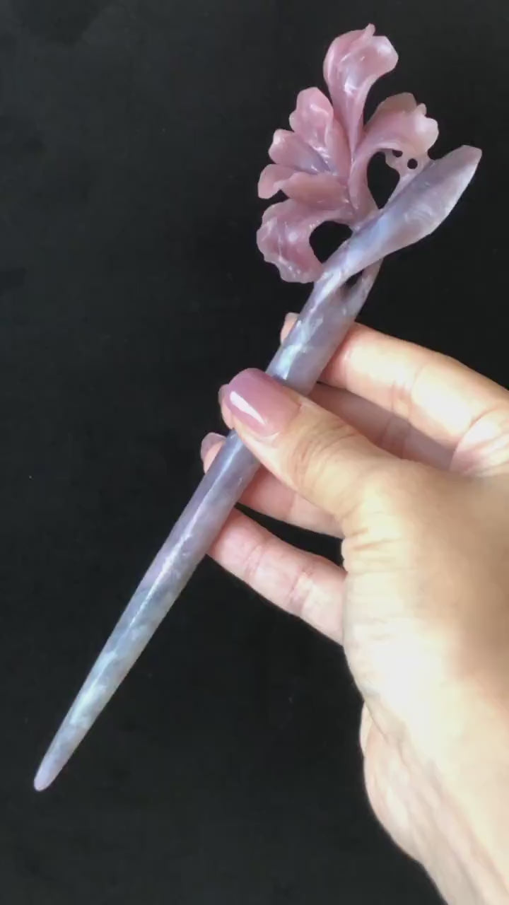 Xiu Jade Serpentine Hand Carved Iris Flower Hair Pin: Natural Black Purple Pink Jade Hair Stick