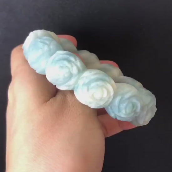 56.1 Natural SheTaicui jade (Quartzite) Carved Rose Bangle Bracelet| Milky Blue and White | Blue Sky and Cloud | Crystal Gemstone Jewellery