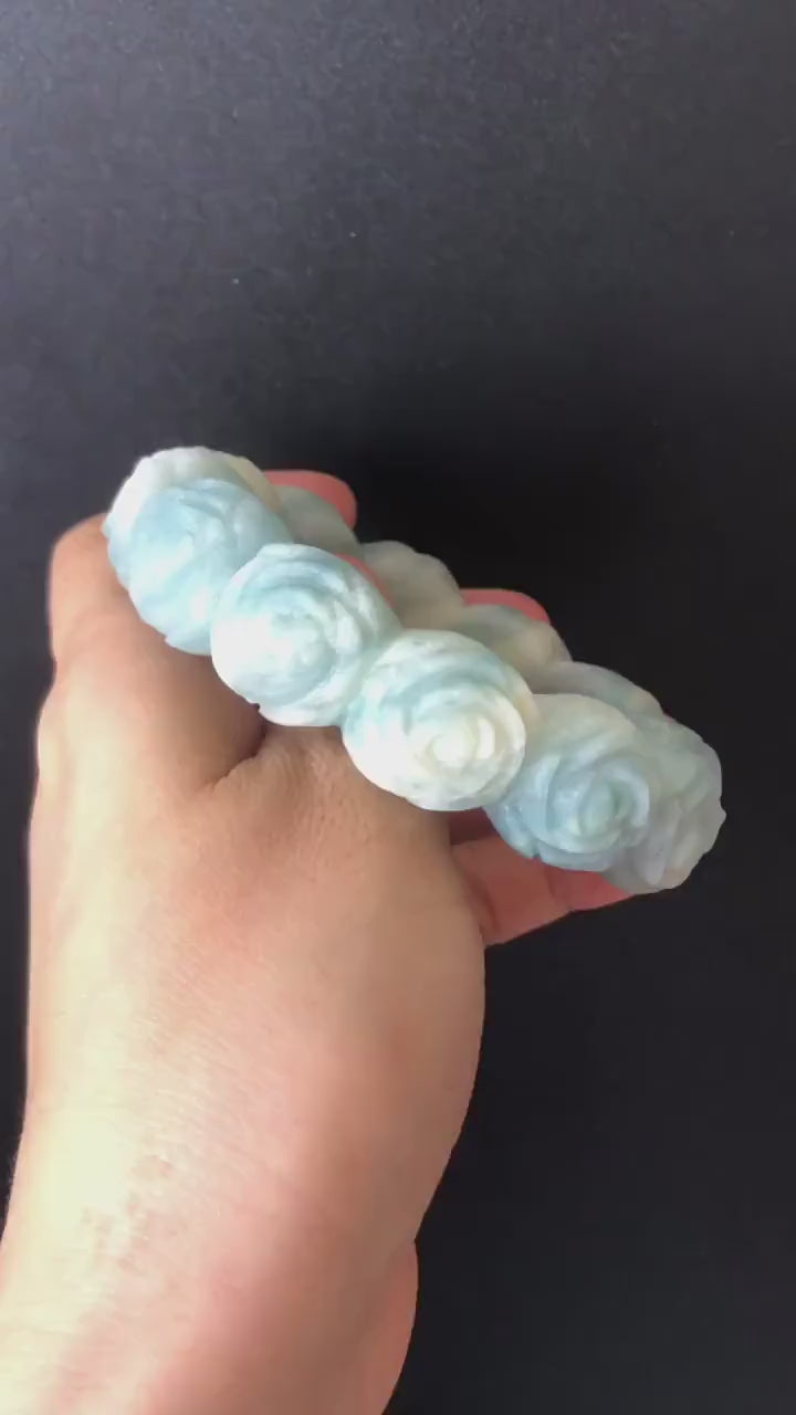 56.1 Natural SheTaicui jade (Quartzite) Carved Rose Bangle Bracelet| Milky Blue and White | Blue Sky and Cloud | Crystal Gemstone Jewellery