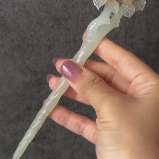Certified Xiu Jade Serpentine Hand Carved Swallow Bird & Flowers Hair Pin | Black Yellow White Jade Hair Stick