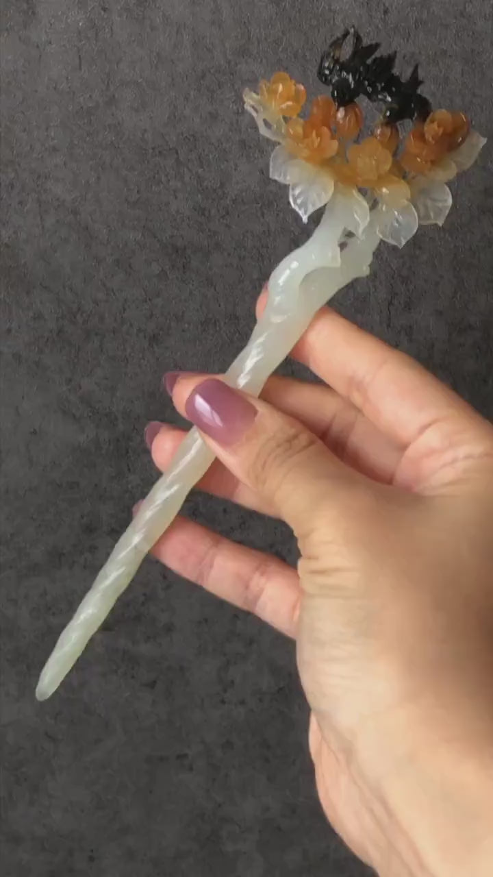 Certified Xiu Jade Serpentine Hand Carved Swallow Bird & Flowers Hair Pin | Black Yellow White Jade Hair Stick