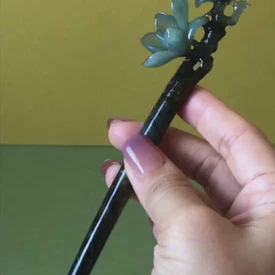 Xiu Jade Serpentine Yulan Magnolia Flower Hand Carved Hair Pin: Natural Certified Black & Blue Jade Handcrafted Flower Hanfu Hair Stick