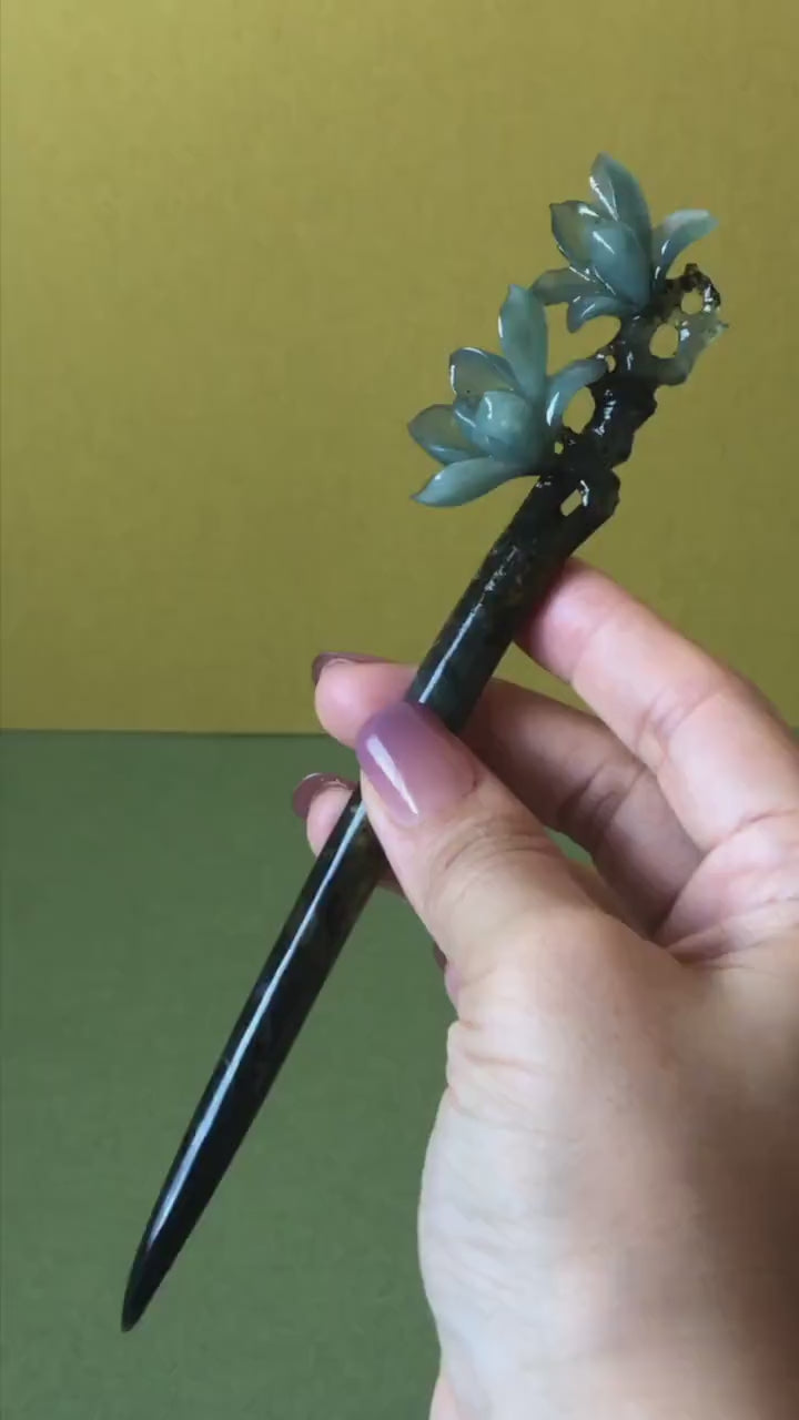 Xiu Jade Serpentine Yulan Magnolia Flower Hand Carved Hair Pin: Natural Certified Black & Blue Jade Handcrafted Flower Hanfu Hair Stick