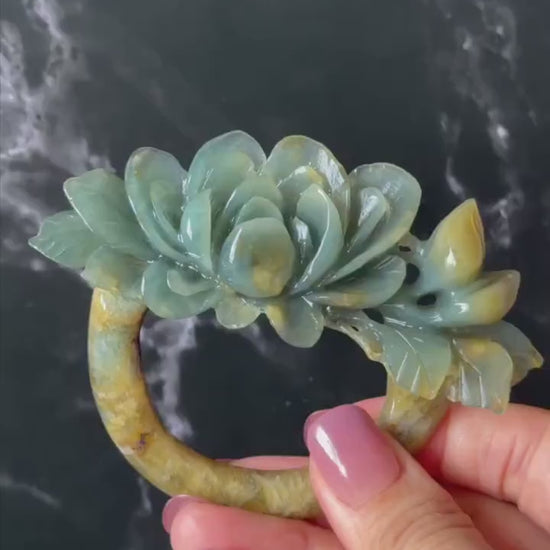 Xiu Jade Serpentine Hand Carved Small Peony Hair Pin: Certified Natural Multicolor Yellow Green Jade Hair Stick, Asian Vintage Hair Fork