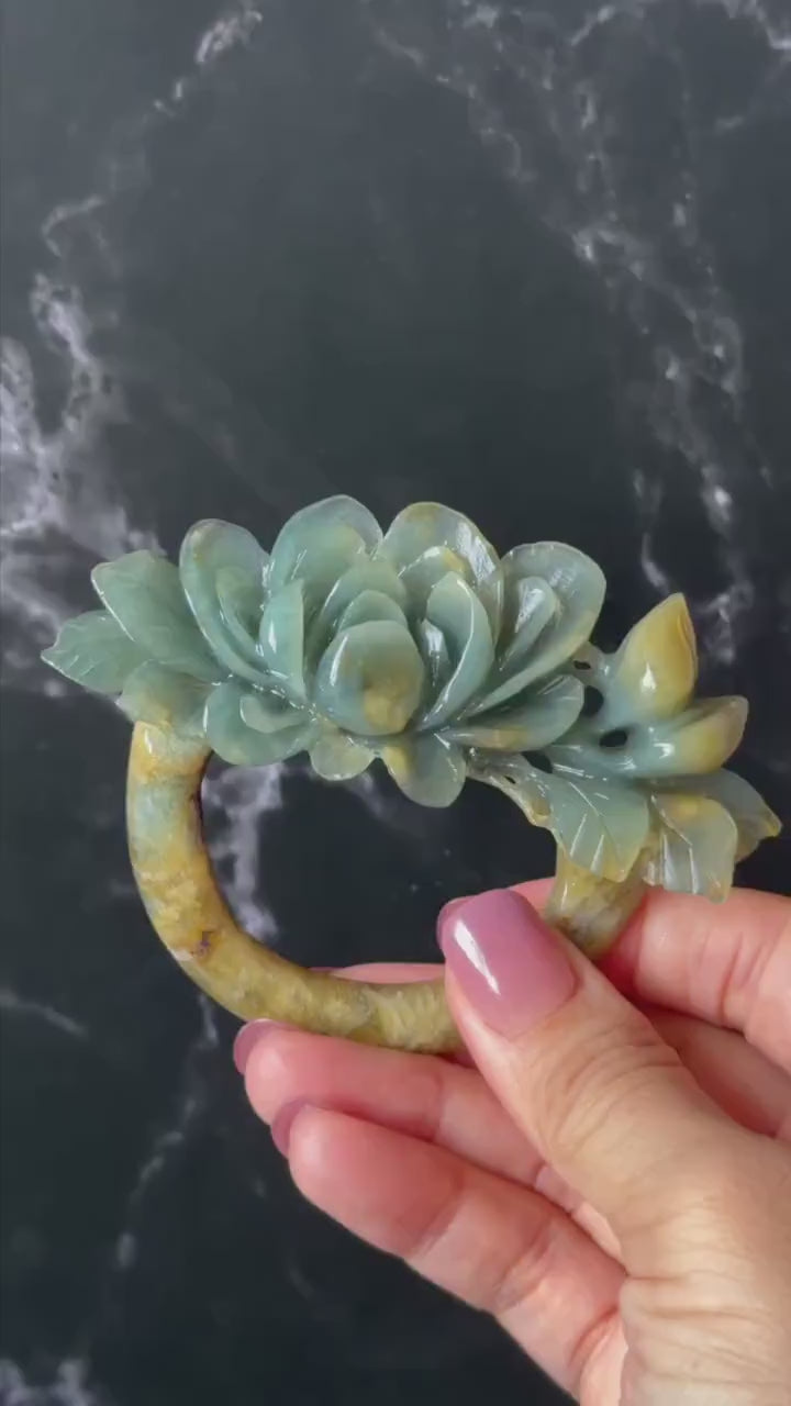 Xiu Jade Serpentine Hand Carved Small Peony Hair Pin: Certified Natural Multicolor Yellow Green Jade Hair Stick, Asian Vintage Hair Fork